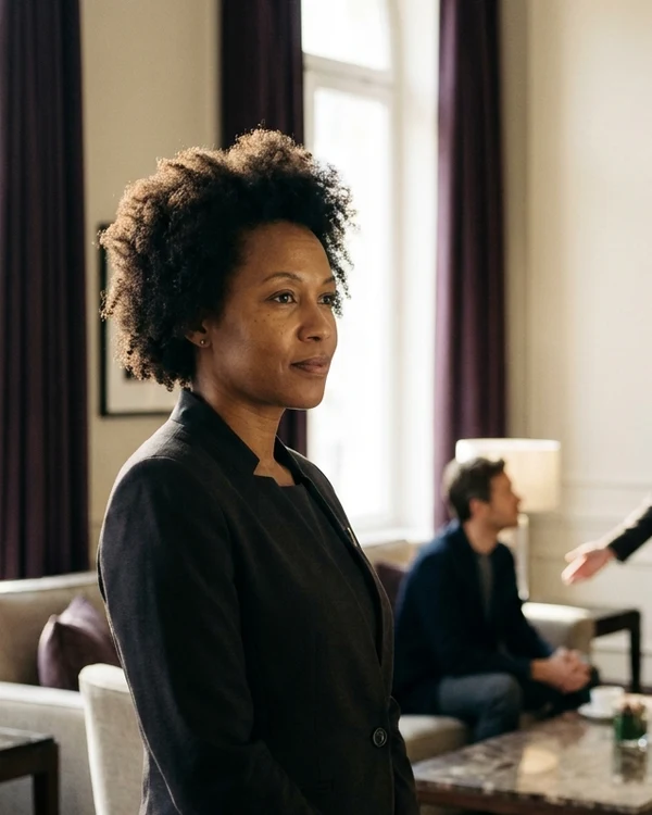 A composed member of staff reading the room, a guest being received behind her, the human layer of service made visible.